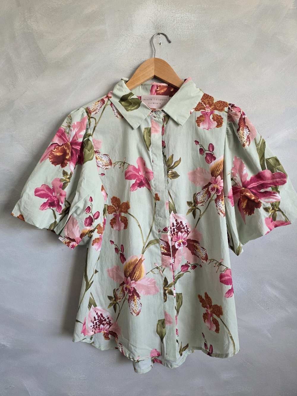 Pistachio Green Floral Tropical Print Puff Shirt Sleeve Button Down Blouse Top L